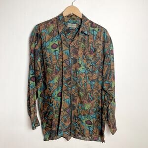 Vintage 90s Silk Button Up Shirt Mens Medium Abstract Maximalist Funky Dopamine